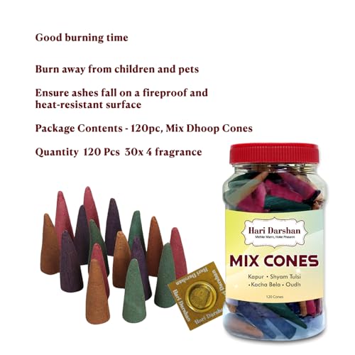 Image of Hari Darshan Mix Dhoop Cones for Pooja with Traditional Chemical-Free - Kapur Shyam Tulsi Kacha Bela Oudh - Long Lasting Natural Aroma Dhoop Cone Set - Pack of 2 Jars, 120 Cones Each (Total 240 Cones)