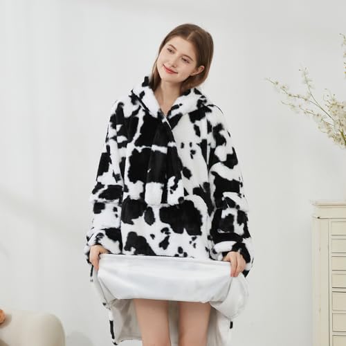 Image of Softan Blanket Hoodie, Oversized Fleece Wearable Blankets for Women and Men Gifts, Cozy Warm and Soft Sweatshirt Blanket with Large Pocket, Cow Print