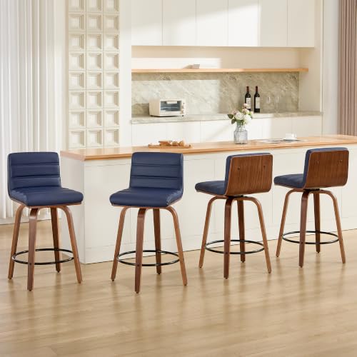 Image of Swivel Bar Stools Set of 4,26 inch Faux Leather Counter Height Barstools with Back,Mid Century Modern Upholstered Bar Chairs with Bentwood Legs Island Stools for Kitchen Counter Darkblue