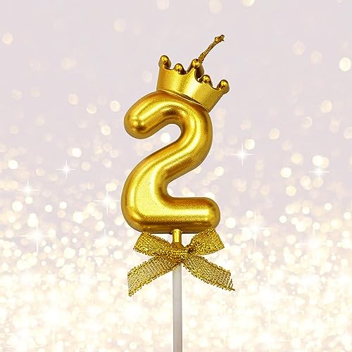 Image of 1 Pc 2 Number Candle for Birthday Cake Metallic Gold Number Candle with Crown on Top for Anniversary Cake Topper 2nd Birthday Cake Decoration (Pack of 1, Gold).