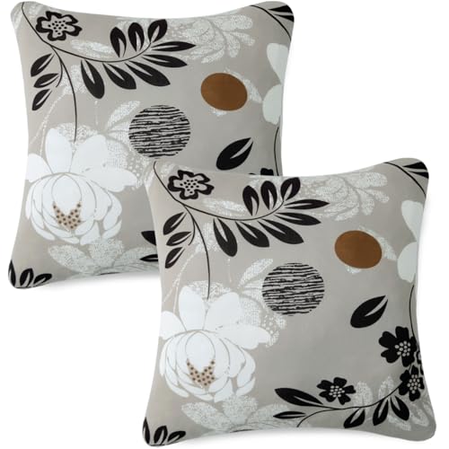 Image of HOKIPO 'Elira Series' Stretchable Cushion Cover for Sofa 22x22 Inch, Packof 2, Feather Brown Floral (AR-6712-C1*2)