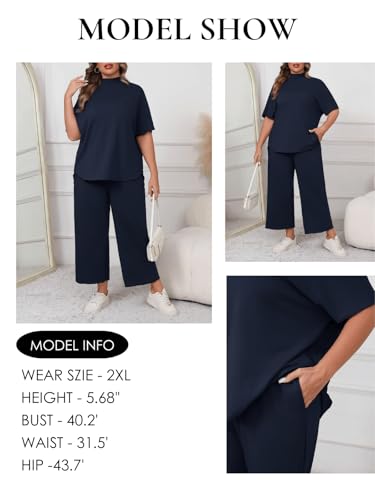 Beautife Women's Plus Size 2 Piece Outfits 3/4 Batwing Sleeve Capelet Crew Neck Pullover Top Wide Leg Pants Lounge Set3
