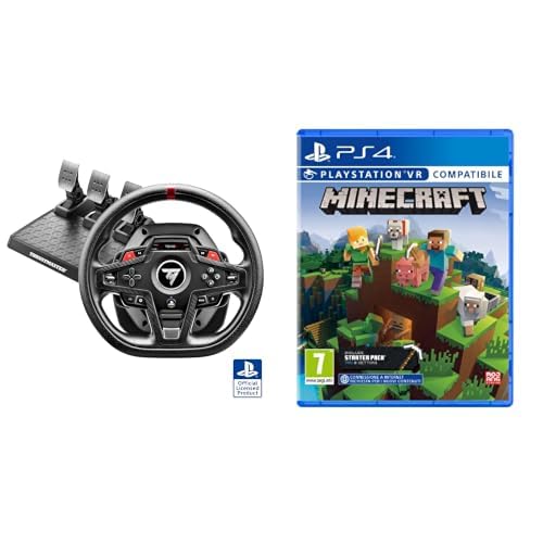 Thrustmaster T248R Volante da Corsa Pelle Traforata Premium Display Interattivo LCD Force Feedback Ibrido 3.1 Nm Pedali T3PM PS5/PS4/PC + Minecraft Starter Collection PlayStation 4