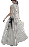 [YUANYUAN]ストライプワンピース レディース 夏ワンピース 夏服 サマードレス マキシ丈 袖なし グルーネック サイドリボン シングルボタン ロング丈 フレア型 可愛い おしゃれ キレイめ カジュアル ゆったり (ホワイト,Free size)
