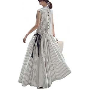 [YUANYUAN]ストライプワンピース レディース 夏ワンピース 夏服 サマードレス マキシ丈 袖なし グルーネック サイドリボン シングルボタン ロング丈 フレア型 可愛い おしゃれ キレイめ カジュアル ゆったり