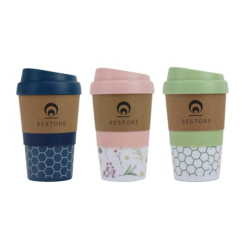 Restore Coffee Cup Travel Mug, Renew 320ml Multi Coloured Pack Reuseable Polypropylene Silicone Grip Leakproof BPA Free, Fits Standard Cup Holders (3 Pack Teal & Pink & Navy)