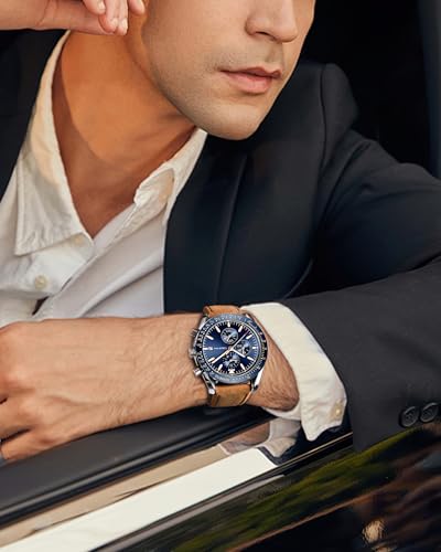 Watches for Men Leather Band Chronograph Mens Watches 30M Waterproof Big Face Analog Quartz Date Watch Work Sport Casual Classical Fashion Designer Dress Wrist Watches Elegant Gift for Men - Image 3