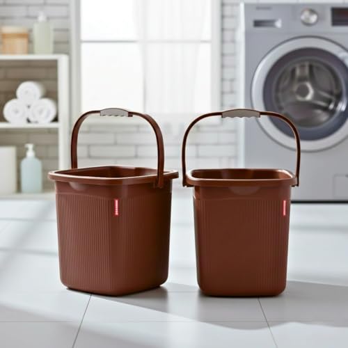 Image of MODWARE 5L Square Bathroom Bucket, Polypropylene, Brown, Space-Saving Design, Anti-Slip Handle, Pack of 2 (Brown)