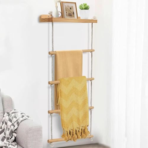 Yunkctuk Wooden Towel Ladder Towel Rack, 4 Tier Blanket Ladder with Shelf, Towel Rail for Bathroom, Bedroom, Living Room, Laundry (98 * 43 cm)
