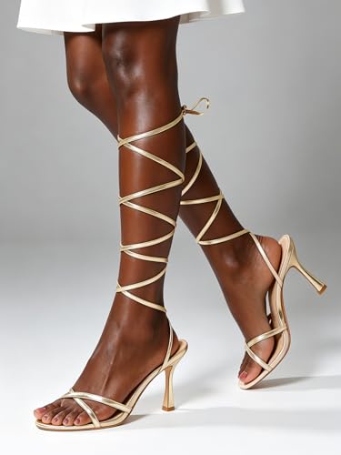 Image of Mostrin Womens Sandals Strappy Heels for Women Lace Up Square Open Toe Heels Tie Up High Heeled Sandals for Prom, Party, Daily Wear
