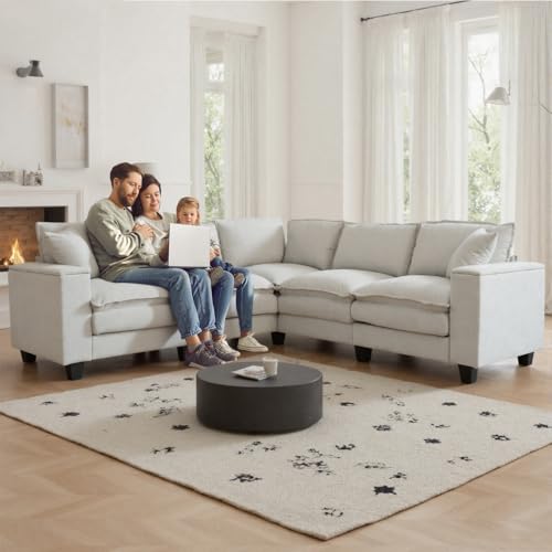 Image of 97 inch L Shaped Couch Corner Sofa, 5 Seater Oversized Cloud Couch with 2 Pillows Chenille Modular Sectional Sofa Armrests with Two Hidden Storage Space Sectional Couches for Living Room Beige