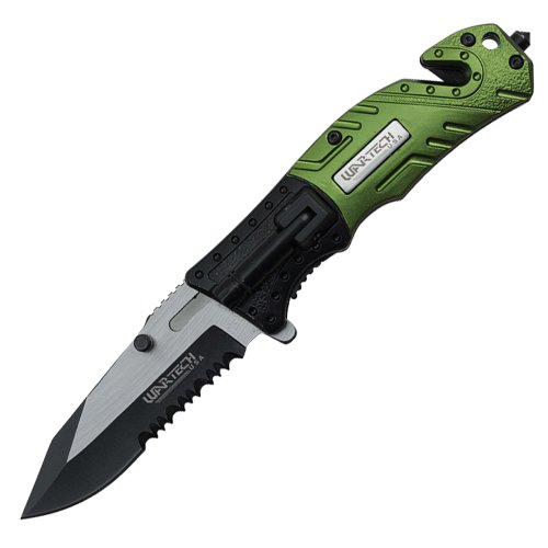 Wartech YC-S-9023-GN Assisted Open Folding Tactical Survival Pocket Knife with Two Tone Blade, Black/Green Handle and LED Light, 8"