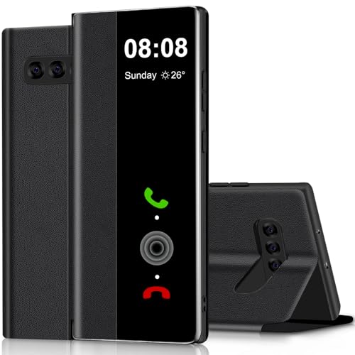 Flip Case for Samsung Galaxy S10 Case S View, Clear View Folio PU Leather TPU inner for Samsung Galaxy S10 4G Case, Luxury Anti-Scratch Kickstand Flip Cover Phone Case for Samsung S10 4G (Black)