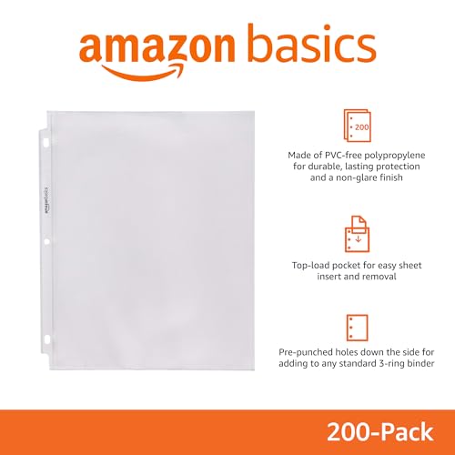 Amazon Basics Polypropylene (PP) Sheet Protector, Non-Glare, 200 Pack, Clear