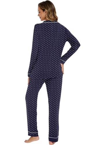 Image of LUBOT Womens Bamboo Viscose Pajamas Set 2 Piece PJs Set for Women Buttery Soft Button-Down Long Sleeve Cozy Printed Sleepwear Loungewear (Navy Blue Dot, S)