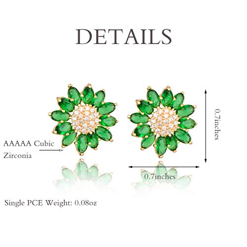Green Crystal Flower Stud Earirings - Elegant Hypoallergenic Large Big 14K Gold Plated Sterling Silver Sparkly Emerald Cz Cubic Zirconia Rhinestone Daisy Sunflower Floral Cluster Flower Burst Stud Earrings Bridal Wedding Party Prom Costume Jewelry For Bride Bridesmaids Women Girls Birthstone Birthday Gift #TOP2