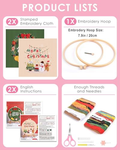 Image of TINDTOP Christmas Embroidery Kit for Adult, Embroidery Kit for Beginners | Include Embroidery Cloth Hoops Threads for Craft Lover Hand Stitch with Embroidery Skill Techniques
