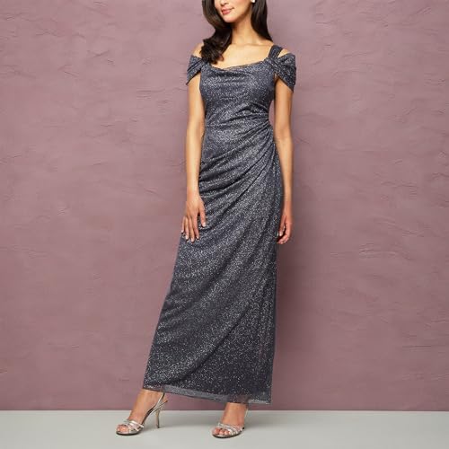Image of Plus Cold Shoulder Glitter Mesh Dress with Draped Skirt & Cowl Neckline