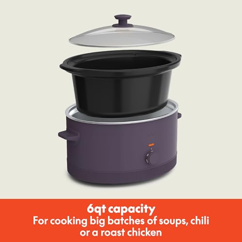 bella 6.0 Qt Manual Slow Cooker, Ceramic Nonstick Coating, 3 Temperature Settings, Dishwasher Safe Stoneware Pot and Tempered Glass Lid, Cool Touch Handles & Tangle Free Cord Wrap, Plum