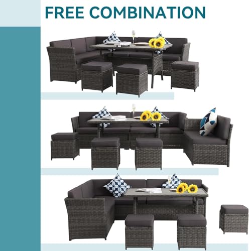 7 Pieces Patio Dining Sets, Patio Furniture Set, All Weather Wicker Conversation Set with Ottoman, Sectional Sofa with Dining Table and Chair (17Gray)