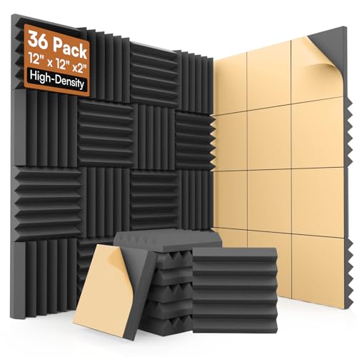 Image of SD SODOCT 36 Pack Wedge Acoustic Foam Panels, Self-Adhesive Sound Proof Foam Panels for Walls, 12 x 12 x 2 Inches High Density Acoustic Foam, Fire Resistant, Studio Wall & Ceiling Panels, Black