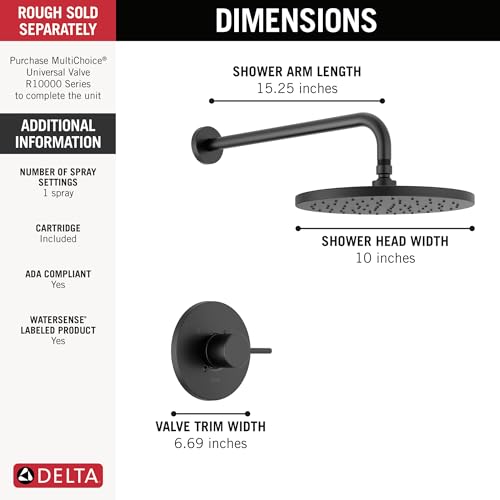 Image of Delta Modern 14 Series Round Rain Shower Faucet Set, Matte Black Shower Head and Handle Set, Valve Trim Kit, Matte Black T14269-BL-PP (Valve Not Included)
