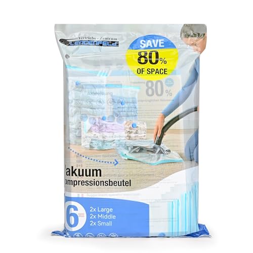 VZL Vakuumbeutel für Kleidung & Bettdecken – Vakuumbeutel Reise Set, Koffer Organizer, Kleidersack, Vacuum Bags for Clothing, Compression Packing Cubes, Wäschebeutel & Vakuumierbeutel (6er Pack)