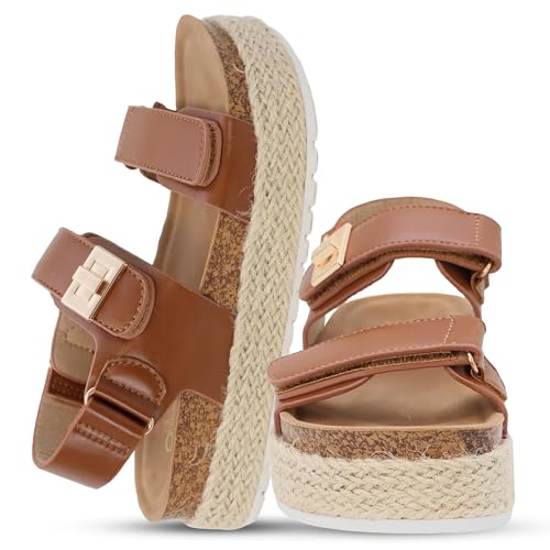 YOKI TRIBECA-Y Platform Sandals For Girls With Double Strap And Gold Buckle - Lightweight Kids Sandal With Cushioned Footbed, Summer Sandal (Rust, Size 12 Little Kid)