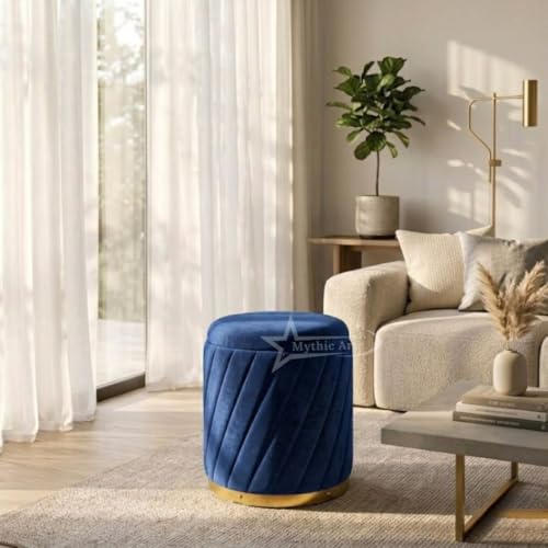 Image of Mythic ArtsRound Upholstered Sitting Stool & Footrest Velvet Storage Ottoman Pouffe16 X 16X 19 inch | Versatile Puffy for Living Room, Bedroom, and Office ? Chic Home Furnishings & Dcor Blue