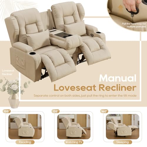 Image of IPKIG 67 inch RV Loveseat Double Recliner Sofa with FILP Back Console, Storage Drawer, Side Pockets, Lychee Pattern Tech Fabric Manual Reclining Chair Home Theater Seating (Beige)