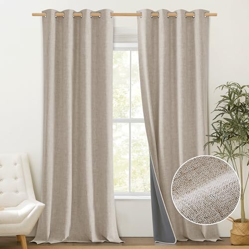 PONY DANCE Cortinas de Lino Modernas 2 Piezas Beige Opacas con Ojales - Termica Aislante Frio y Calor 100% Blackout 132x260cm
