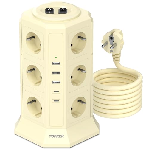 TOPREK Regletas Enchufes Vertical con 2 Interruptor y 12 Schuko y 2 USB C y 3 USB A, 4000W/16A, Regleta Torre Enchufe con Cable 2M, Regleta Enchufes Proteccion Sobretension, Amarillo