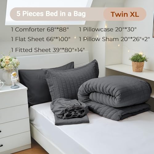 Image of MUXHOMO 5 Pieces Twin XL Comforter Set, Seersucker Bed in a Bag Twin XL Size, All Season Luxury Bedding Set with Comforter, Flat Sheet, Fitted Sheet, Pillowcase & Sham, Dark Grey