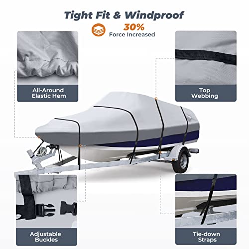 Rvmasking 1200D 100% Waterproof Trailerable Boat Cover Fits Bass Boat, V-Hull, Runabout, Fish&Ski, Tri-Hull, Heavy Duty Marine Grade Boat Cover Length: 17’-19', Beam Width Up To 96” #TOP5