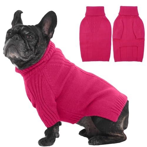 Image of IECOii Small Dog Sweater, Warm Turtleneck for Small to Medium Dogs, L | Holiday Knit Doggy Sweatshirt,Girl Boy Dog Sweaters for Winter,Cozy Pullover Knitwear with Sleeve for French Bulldog, Rosered
