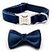 Personalized Dog Collar with Bowtie, Custom with Name Plate, Engraving Unique ID Tag, Same Pattern Leash Optional, Adjustable Sizes (XS S M L XL) (ThickÂ DarkÂ BlueÂ Velvet)