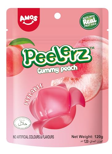 Amos Peelerz Gummy Peach Candy 120g Peelable Fruity Strips Chewy Vegan Snack Sweet & Tangy Peach Flavor Halal & Gluten-Free Treat for Kids & Adults