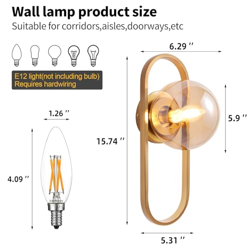 Image of Bektas Gold Wall Lamp Sconces Set of 2 with Amber Globe Glass Shade - Wall Lights for Living Room & Bedrooms ETL Listed