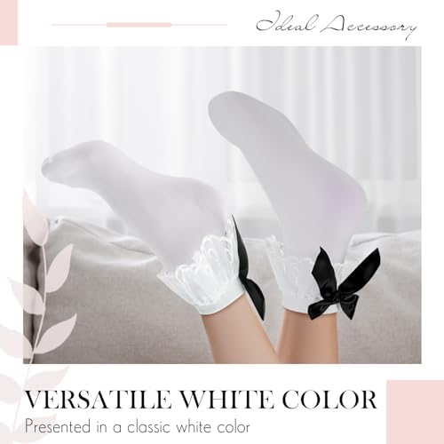 3 Pairs Women's White Lace Ruffles Bobby Frilly Socks with Black Bow, White Ruffled Anklet Socks Women with Bows for Skirts3