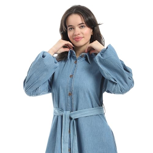 Andora Light Blue Long Sleeves Buttons Closure Denim Dress-Light Blue-5XL