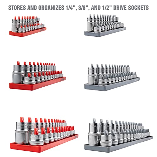 Oemtools 22413 6 Piece Sae And Metric Socket Tray Set, Sae And Metric Socket Storage For Sizes 1/4", 3/8”, And 1/2" Drive, Socket Holders And Socket Organizer Tray For Toolbox, Red And Gray #TOP1
