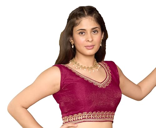 Image of Pujia Mills Women's Sequin Embroidered V Neck Sleeveless Readymade Saree Blouse Indian Ethnic Designer Stitched Readymade Saree Blouse Sleeveless Blouse Readymade Blouse for Women