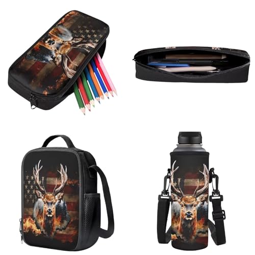 Poceacles Student Backpack Set 4 PCS Kids School Bag Set, Includes Backpack Insulated Lunch Box Bag Water Bottle Carrier Pencil Case for Primary Secondary School, American Flag Deer Cedar Tree3