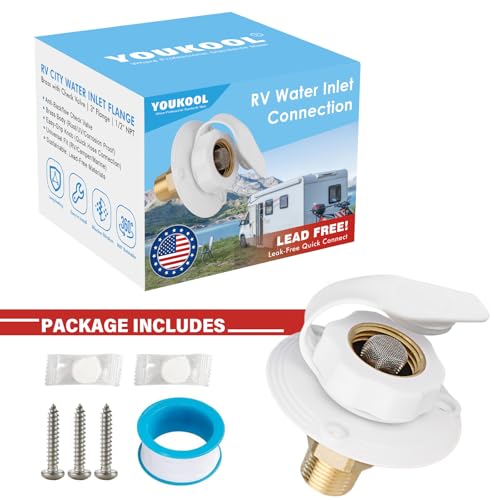Image of Lead-Free Brass RV Water Inlet Connection, 1 /2 inch NPT Male City Water Fill Flange with Check Valve, Leak-Free City Water Hookup for Camper, Trailer(White)