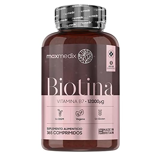 Biotina Natural 12000 mcg Dosis Alta, 365 Comprimidos Veganos - Suplemento Vitamínico Para Crecimiento del Cabello y Uñas, Contribuye al Metabolismo Energético Normal, Suministro para 1 Año