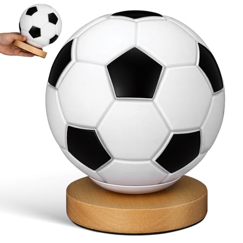 minkissy Lámpara de Mesa Luz LED Suave con Forma de Balón de Fútbol y Base de Madera Resistente, Adecuada para Mesita de Noche o Área de Trabajo
