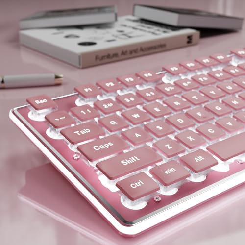 SEUNKWANG EWEADN GX710S Backlit Computer Keyboards, Wired USB Keyboard with White Backlit, Metal Panel, Plug and Play, Pudding Keycaps Full Size Quite Computer Keyboard for Win/PC/Laptop-Pink