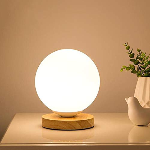 lampe de table sphérique rétro moderne bois chêne clair/verre opale mat, veilleuse lampe de lecture nuit lanterne lampe de table,lampadaire, salon/lampe de...