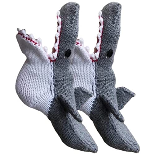 Unisex Strick Krokodil Socken, Kuschel Tier Socken Krokodil/Hai/Chamäleon/Fisch Warme Wintersocken Geschenke für Mädchen Frauen Damen (Grau) Cover