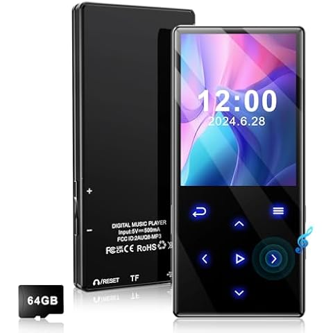 Fohil 128GB MP3 Player, Portable Music Player with Bluetooth 5.0, 2.4 inch Screen Black Lossless Sound Built-in HD Speaker, Support E-Book FM Radio Voice Recorder TF Card Design Ideal for Sport Cover